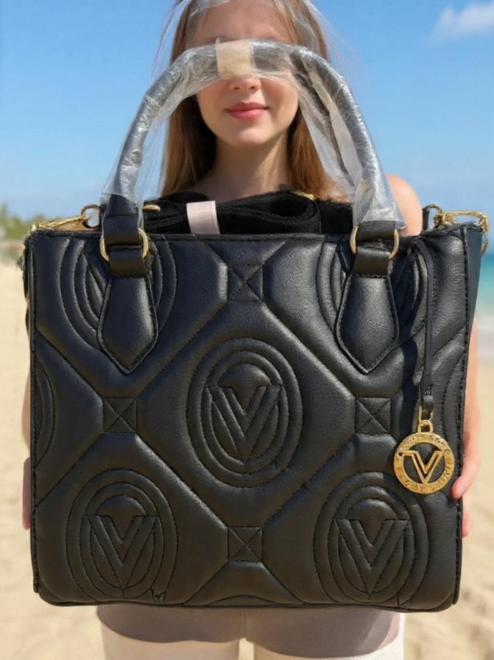 Valentino Orlandi Black Quilted Vegan Leather Satchel with Gold Logo Charm NWT